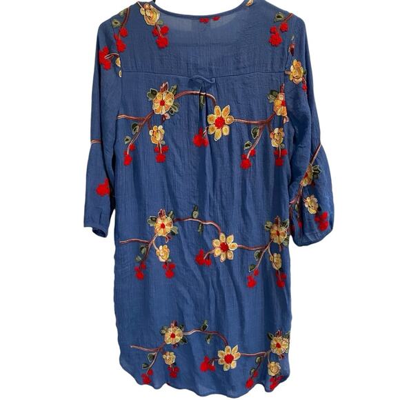 Figueroa & Flower Embroidered Boho Shift pullover Dress S Blue Rayon W/Belt - Picture 3 of 10